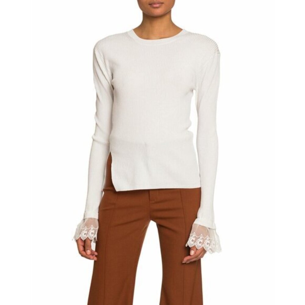 Chloe White Rib Knit Top Lace Organza Cuffs Sweater Iconic Milk L New $950